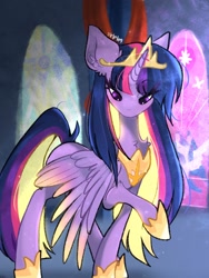 Size: 1536x2048 | Tagged: safe, artist:siripim111, imported from derpibooru, twilight sparkle, alicorn, pony, the last problem, chest fluff, crown, ear fluff, female, hoof shoes, jewelry, mare, peytral, princess twilight 2.0, regalia, solo, stained glass, stained glass window, twilight sparkle (alicorn)