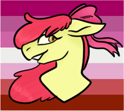 Size: 260x233 | Tagged: safe, artist:pawstheartest, imported from derpibooru, apple bloom, earth pony, pony, bow, bust, female, filly, hair bow, headcanon, lgbt headcanon, pride, pride flag, sexuality headcanon, smiling, solo