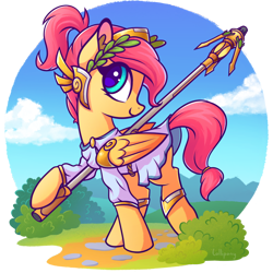 Size: 1000x1000 | Tagged: safe, artist:lollipony, imported from derpibooru, fluttershy, pegasus, pony, alternate hairstyle, clothes, cosplay, costume, crossover, cute, ear fluff, eye clipping through hair, female, laurel, mare, mercyshy, overwatch, ponytail, profile, scenery, shyabetes, smiling, solo
