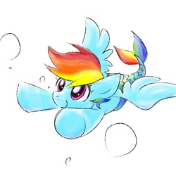 Size: 768x768 | Tagged: safe, artist:magi_karubi, imported from derpibooru, rainbow dash, seapony (g4), bubble, cute, dashabetes, female, seaponified, seapony rainbow dash, simple background, solo, species swap, underhoof, underwater, white background