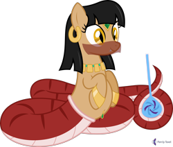 Size: 4712x4000 | Tagged: safe, artist:parclytaxel, imported from derpibooru, oc, oc only, oc:parcly taxel, oc:sahara, alicorn, genie, lamia, original species, albumin flask, .svg available, absurd resolution, belly, belly button, belly piercing, bellyring, big belly, bottle, circlet, coils, cute, cute little fangs, ear piercing, earring, fangs, female, glowpaz, jewelry, monthly reward, piercing, raised hoof, simple background, slit pupils, transparent background, vector, veil, wrist cuffs