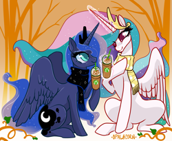 Size: 2603x2134 | Tagged: safe, artist:opalacorn, imported from derpibooru, princess celestia, princess luna, alicorn, pony, autumn, clothes, coffee, colored pupils, cute, duo, female, food, high res, latte, magic, mare, pumpkin spice, royal sisters, scarf, sisters, sitting, starbucks, telekinesis