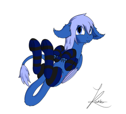 Size: 2000x1800 | Tagged: safe, artist:thekamko, imported from derpibooru, oc, oc only, oc:kamko blueblood, bat pony, dracony, dragon, hybrid, pony, claws, clothes, cute, cute little fangs, ear fluff, embarrassed, fangs, floppy ears, lying down, on back, simple background, socks, solo, striped socks, thigh highs, transparent background