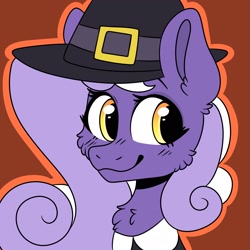 Size: 2048x2048 | Tagged: safe, imported from derpibooru, oc, oc only, oc:aether naut, earth pony, pony, bust, chest fluff, clothes, earth pony oc, female, hat, mare, orange background, simple background, smiling, solo