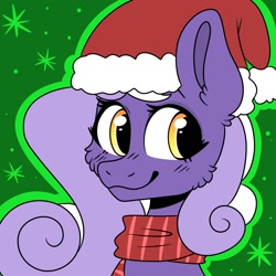 Size: 2400x2400 | Tagged: safe, alternate version, imported from derpibooru, oc, oc only, oc:aether naut, earth pony, pony, bust, christmas, earth pony oc, female, hat, holiday, mare, santa hat, smiling, solo