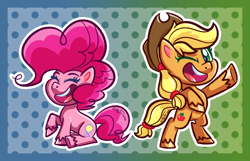 Size: 1050x678 | Tagged: safe, artist:binkyt11, imported from derpibooru, applejack, pinkie pie, earth pony, pony, my little pony: pony life, applejack's hat, cowboy hat, cute, duo, female, g4.5, gradient background, hat, laughing, mare, polka dot background, rearing, unshorn fetlocks