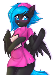 Size: 2039x2894 | Tagged: safe, artist:whiteraven, imported from derpibooru, oc, oc only, oc:blackout, pegasus, semi-anthro, blushing, clothes, female, mare, nurse, simple background, spread wings, white background, wings