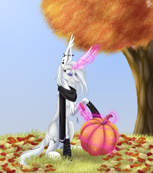 Size: 1850x2095 | Tagged: safe, artist:sadatrix, imported from derpibooru, oc, oc only, oc:silver moon, pony, unicorn, autumn, clothes, ear piercing, female, knife, leaves, magic, mare, piercing, pumpkin, scarf, solo, tree