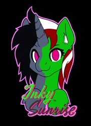 Size: 504x697 | Tagged: safe, artist:inkynotebook, imported from derpibooru, oc, oc only, oc:inky notebook, oc:wandering sunrise, pony, unicorn, fallout equestria: dead tree, black background, bust, female, horn, mare, simple background, smiling, solo, split screen, two-face, unicorn oc