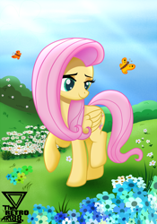 Size: 2400x3428 | Tagged: safe, artist:theretroart88, imported from derpibooru, fluttershy, butterfly, pegasus, pony, crepuscular rays, cute, female, flower, flower field, folded wings, grass, head turn, looking at something, mare, outdoors, raised hoof, raised leg, shyabetes, smiling, solo, turned head, walking, wings