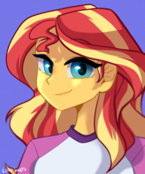 Size: 1000x1200 | Tagged: safe, artist:cottonsweets, imported from derpibooru, sunset shimmer, equestria girls, legend of everfree, bust, camp everfree outfits, female, looking at you, purple background, simple background, solo