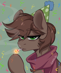 Size: 1190x1432 | Tagged: safe, artist:cottonsweets, imported from derpibooru, oc, oc only, oc:brewer, oc:noble brew, earth pony, pony, birthday, birthday gift art, cigarette, ciggarette, clothes, confetti, dirty smoker, gift art, happy birthday, hat, party hat, scarf, simple background, smoking, solo