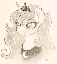 Size: 1600x1800 | Tagged: safe, artist:awalex, imported from derpibooru, princess luna, alicorn, pony, bust, cheek fluff, chest fluff, cute, ear fluff, female, lunabetes, mare, monochrome, pencil drawing, portrait, simple background, solo, traditional art, white background