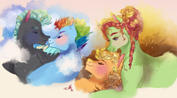 Size: 1000x555 | Tagged: safe, artist:bunnari, imported from derpibooru, applejack, rainbow dash, thunderlane, tree hugger, earth pony, pegasus, pony, alternate hairstyle, applehugger, bedroom eyes, blushing, boop, eyes closed, female, flower, flower in hair, freckles, grin, lesbian, male, mare, noseboop, nuzzling, scar, shipping, smiling, stallion, straight, thunderdash