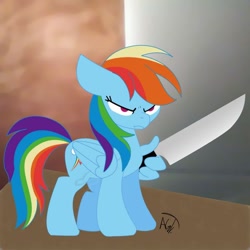 Size: 600x600 | Tagged: safe, artist:noir-b, imported from derpibooru, rainbow dash, pegasus, pony, angry, delet this, female, knife, mare, solo, weapon, wing hands, wing hold, wings