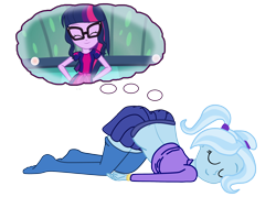 Size: 3000x2145 | Tagged: safe, artist:gmaplay, imported from derpibooru, sci-twi, trixie, twilight sparkle, equestria girls, alternate hairstyle, babysitter trixie, clothes, eyes closed, female, hoodie, lesbian, sci-twixie, shipping, simple background, skirt, sleeping, thigh socks, top down rear up, transparent background, twixie