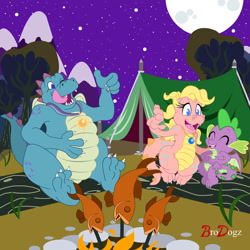 Size: 1280x1280 | Tagged: safe, artist:brodogz, imported from derpibooru, spike, dragon, fish, camping, campsite, cassie (dragon tales), cassie (dragontales), commission, cooking, cute, dead, dragon tales, dragoness, eyes closed, female, fire, male, moon, night, night sky, one eye closed, ord, signature, sky, spikabetes, tent, tongue out, trio, winged spike, wings