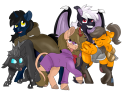 Size: 2500x2000 | Tagged: safe, artist:euspuche, imported from derpibooru, oc, oc only, bat pony, changeling, kirin, pegasus, unicorn, commission, group, simple background, transparent background