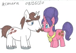 Size: 1290x894 | Tagged: safe, artist:cmara, imported from derpibooru, cookie crumbles, hondo flanks, pony, unicorn, cookieflanks, facial hair, female, male, mare, moustache, shipping, simple background, stallion, straight, traditional art, unshorn fetlocks, white background
