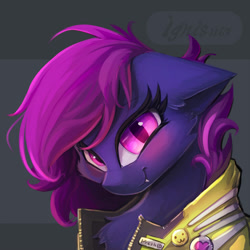 Size: 2000x2000 | Tagged: safe, artist:ignis, imported from derpibooru, oc, oc only, oc:presh twirl, bat pony, pony, bust, clothes, coat, cyberpunk, portrait, simple background, solo