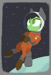 Size: 1345x1952 | Tagged: safe, artist:enragement filly, imported from derpibooru, oc, oc only, oc:filly anon, pegasus, pony, astronaut, female, filly, floating, helmet, simple background, solo, space, spacesuit