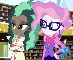 Size: 1280x1050 | Tagged: safe, artist:rjp.rammy, imported from derpibooru, minty mocha, raspberry latte, equestria girls, bedroom eyes, belt, book, clothes, coat, duo, ear piercing, earring, equestria girls-ified, female, freckles, glasses, jewelry, library, piercing, shirt, skirt, sweater, vest
