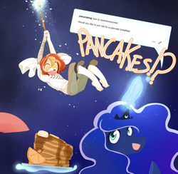 Size: 2048x1997 | Tagged: safe, artist:happypaca, imported from derpibooru, princess luna, oc, oc:comet radiance, pony, equestria girls, ask, barefoot, feet, food, jewelry, necklace, pancakes, starry eyes, tumblr, wingding eyes