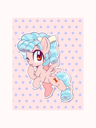 Size: 1900x2533 | Tagged: safe, alternate version, artist:blurry-kun, imported from derpibooru, cozy glow, pegasus, bow, commission, female, filly, flying, hair bow, looking at you, one eye closed, tail bow, wink, winking at you