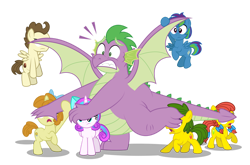 Size: 1280x845 | Tagged: safe, artist:aleximusprime, imported from derpibooru, pound cake, princess flurry heart, pumpkin cake, spike, oc, oc:annie smith, oc:apple chip, oc:storm streak, alicorn, dragon, earth pony, pegasus, unicorn, flurry heart's story, apple twins, bow, cake twins, covering eyes, don't look at it, fat, fat spike, freckles, offspring, older, older flurry heart, older pound cake, older pumpkin cake, older spike, parent:applejack, parent:oc:thunderhead, parent:rainbow dash, parent:tex, parents:canon x oc, parents:texjack, peaking, pigtails, shielding face, siblings, simple background, surprised, think of the children, transparent background, twins, vector, winged spike, wings