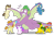 Size: 1280x845 | Tagged: safe, artist:aleximusprime, imported from derpibooru, pound cake, princess flurry heart, pumpkin cake, spike, oc, oc:annie smith, oc:apple chip, oc:storm streak, alicorn, dragon, earth pony, pegasus, unicorn, flurry heart's story, apple twins, bow, cake twins, covering eyes, don't look at it, fat, fat spike, freckles, offspring, older, older flurry heart, older pound cake, older pumpkin cake, older spike, parent:applejack, parent:oc:thunderhead, parent:rainbow dash, parent:tex, parents:canon x oc, parents:texjack, peaking, pigtails, shielding face, siblings, simple background, surprised, think of the children, transparent background, twins, vector, winged spike, wings