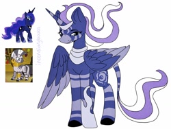 Size: 1024x768 | Tagged: safe, artist:incendiaryboobs, artist:incendiarymoth, imported from derpibooru, princess luna, zecora, oc, oc only, alicorn, pony, zebra, female, fusion, mare, screencap reference