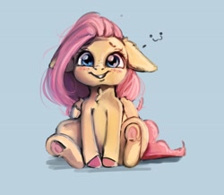 Size: 2659x2317 | Tagged: safe, artist:miokomata, imported from derpibooru, fluttershy, pegasus, pony, :3, blue background, blushing, colored hooves, cute, female, floppy ears, freckles, freckleshy, frog (hoof), grin, high res, looking at you, mare, shyabetes, simple background, sitting, smiling, solo, underhoof