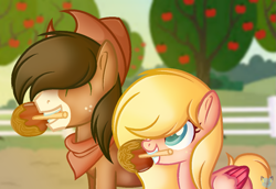 Size: 1089x750 | Tagged: safe, artist:oshisky, imported from derpibooru, oc, oc only, oc:boomerang bud, oc:butterfly peach, earth pony, pegasus, pony, apple, apple tree, background used, base used, caramel apple (food), cousins, cowboy hat, duo, freckles, happy, hat, mouth hold, offspring, parent:applejack, parent:big macintosh, parent:fluttershy, parent:trouble shoes, parents:fluttermac, parents:troublejack, smiling, sweet apple acres, tree