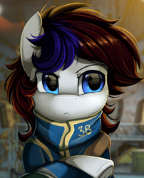 Size: 1424x1764 | Tagged: safe, artist:pridark, imported from derpibooru, oc, oc only, earth pony, pony, blue eyes, clothes, crossed hooves, crossover, fallout, jumpsuit, patreon, patreon reward, solo, underhoof, vault suit, video game crossover