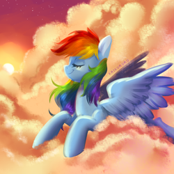 Size: 4000x4000 | Tagged: safe, artist:kaikururu, imported from derpibooru, rainbow dash, pegasus, pony, absurd resolution, cloud, eyes closed, female, lying down, mare, on a cloud, profile, prone, sky, solo, sun, sunset