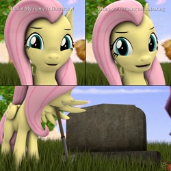 Size: 4096x4096 | Tagged: safe, artist:nocturnalfuzz, imported from derpibooru, fluttershy, pegasus, pony, 3d, comic, female, gravestone, looking at you, mare, meme, shovel, solo, source filmmaker, unboxing