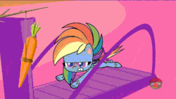 Size: 800x450 | Tagged: safe, edit, edited screencap, imported from derpibooru, screencap, rainbow dash, pegasus, pony, my little pony: pony life, the mysterious voice, spoiler:pony life s01e33, animated, carrot, female, food, g4.5, gif, herbivore, horses doing horse things, mare, running, treadmill, treehouse logo