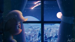 Size: 1280x720 | Tagged: safe, artist:axelp, imported from derpibooru, applejack, pony, female, mare in the moon, moon, night, shooting star, solo, window