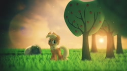 Size: 1280x720 | Tagged: safe, artist:axelp, imported from derpibooru, applejack, earth pony, pony, apple, apple tree, cute, female, grass, jackabetes, lens flare, mare, solo, sunset, sweet apple acres, tree