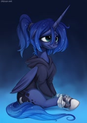 Size: 886x1252 | Tagged: safe, artist:zazush-una, imported from derpibooru, princess luna, alicorn, pony, alternate hairstyle, clothes, converse, cute, female, floppy ears, gradient background, hoodie, hoof shoes, lunabetes, mare, ponytail, sad, sadorable, shoes, sitting, sneakers, solo, tired