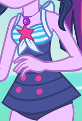 Size: 806x1191 | Tagged: safe, imported from derpibooru, screencap, sci-twi, twilight sparkle, equestria girls, equestria girls series, forgotten friendship, beach shorts swimsuit, boobshot, breasts, clothes, cropped, female, geode of telekinesis, jewelry, magical geodes, necklace, one-piece swimsuit, pictures of chests, sci-twi swimsuit, sleeveless, solo, swimsuit, twilight sparkes' beach shorts swimsuit