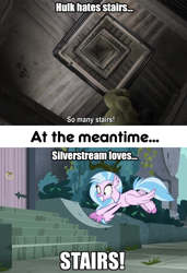 Size: 720x1050 | Tagged: safe, edit, edited screencap, editor:thread8, imported from derpibooru, screencap, silverstream, classical hippogriff, hippogriff, avengers: endgame, caption, contrast, female, meme, stairs, that hippogriff sure does love stairs, the incredible hulk
