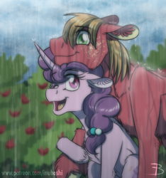 Size: 935x1000 | Tagged: safe, artist:inuhoshi-to-darkpen, imported from derpibooru, big macintosh, sugar belle, earth pony, unicorn, ear fluff, female, freckles, male, one eye closed, open mouth, rain, shipping, straight, sugarmac, wet, wet mane