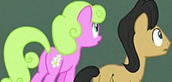 Size: 318x151 | Tagged: safe, imported from derpibooru, screencap, cherry cola, cherry fizzy, daisy, flower wishes, earth pony, pony, secrets and pies, butt, cropped, duo, female, male, mare, picture for breezies, plot, stallion