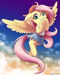 Size: 1280x1600 | Tagged: safe, artist:symbianl, imported from derpibooru, fluttershy, pegasus, pony, 90s grunge fluttershy, backwards ballcap, baseball cap, cap, clothes, cute, female, floppy ears, flying, gameloft, gameloft interpretation, hat, shyabetes, skirt, solo