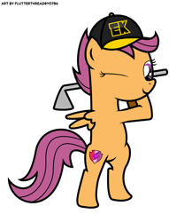 Size: 1000x1200 | Tagged: safe, artist:thread8, imported from derpibooru, scootaloo, pony, cap, female, filly, golf blitz, golf club, hat, one eye closed, simple background, white background, wink