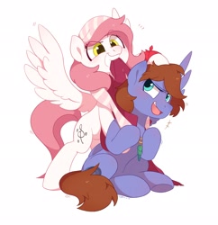 Size: 1980x2048 | Tagged: safe, artist:drtuo4, imported from derpibooru, oc, oc only, oc:bizarre song, oc:sugar morning, pegasus, pony, biting, cute, duo, ear bite, female, male, oc x oc, shipping, simple background, straight, sugarre, white background