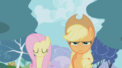 Size: 1280x720 | Tagged: safe, imported from derpibooru, screencap, applejack, fluttershy, earth pony, pegasus, pony, applebuck season, applejack is not amused, duo, eyes closed, female, grin, mare, smiling, unamused