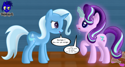 Size: 7680x4154 | Tagged: safe, artist:damlanil, imported from derpibooru, starlight glimmer, trixie, pony, unicorn, absurd resolution, comic, dialogue, drool, duo, female, heart, heart eyes, horn, magic, magic aura, mare, potion, show accurate, text, this will end in snu snu, this will end in snuggles, this will not end well, trixie's wagon, vector, wingding eyes