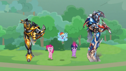 Size: 1080x607 | Tagged: safe, edit, edited screencap, imported from derpibooru, screencap, pinkie pie, rainbow dash, twilight sparkle, alicorn, earth pony, pegasus, pony, the ending of the end, bumblebee, bumblebee (transformers), charging, crossover, optimus prime, transformers, transformers: age of extinction, twilight sparkle (alicorn)